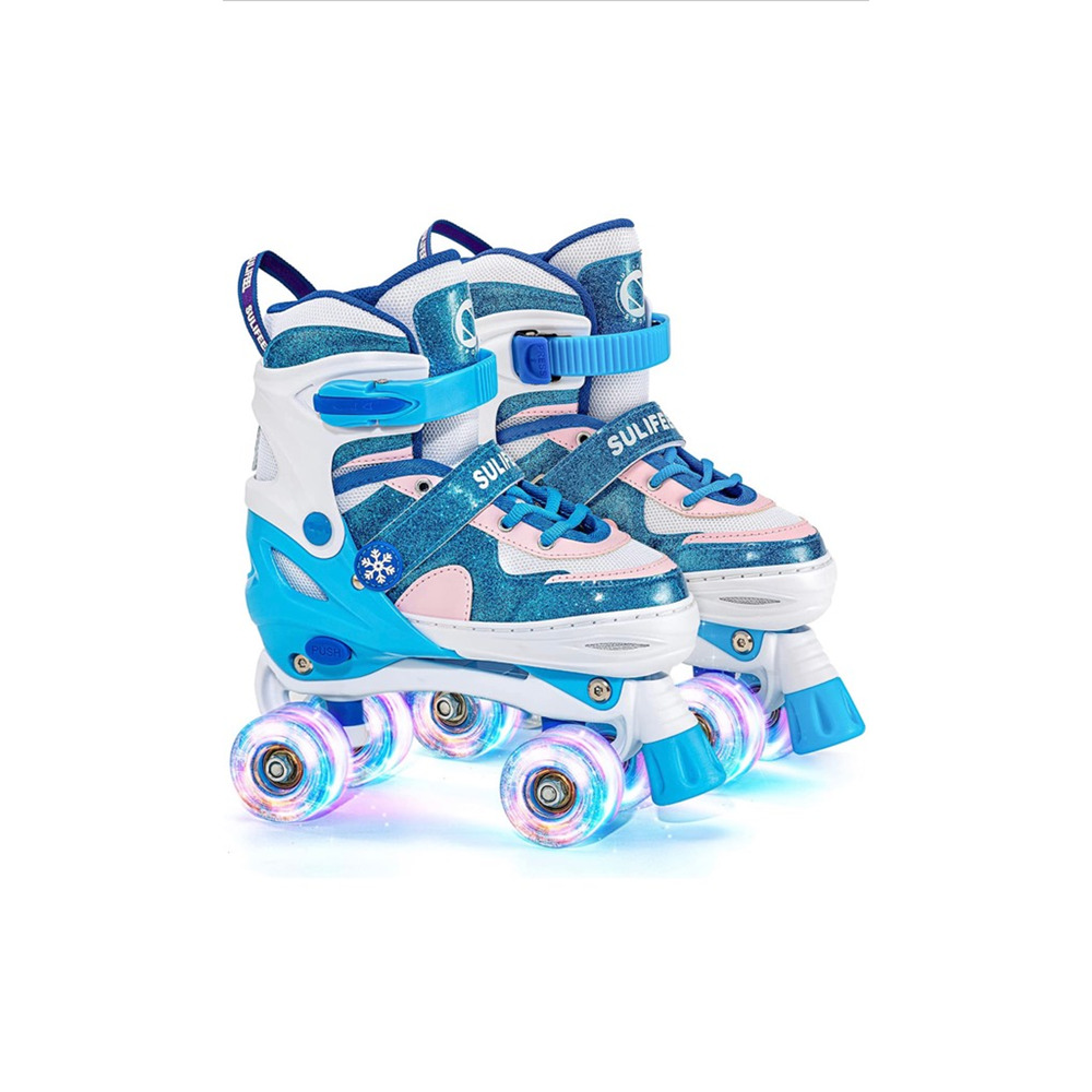 Sulifeel Girls Roller Skates Blue Pink Light Up Glitter Wheels Straps S New